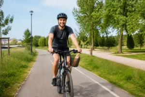 Préparation vélo pour débuter un sport : cycliste débutant équipé sur une piste cyclable verdoyante près de Bordeaux