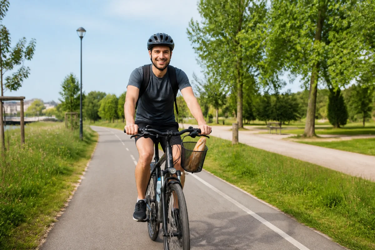 Préparation vélo pour débuter un sport : cycliste débutant équipé sur une piste cyclable verdoyante près de Bordeaux