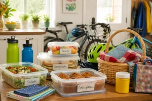 Repas familial préparé pour une sortie vélo en famille, avec boîtes hermétiques, gourdes et casques prêts dans la cuisine