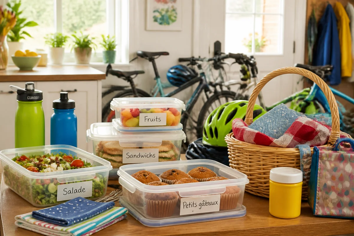 Repas familial préparé pour une sortie vélo en famille, avec boîtes hermétiques, gourdes et casques prêts dans la cuisine