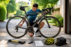 Cycliste vérifiant freins, pneus et chaîne d’un vélo de route avant de préparer une sortie à vélo unerquicklich