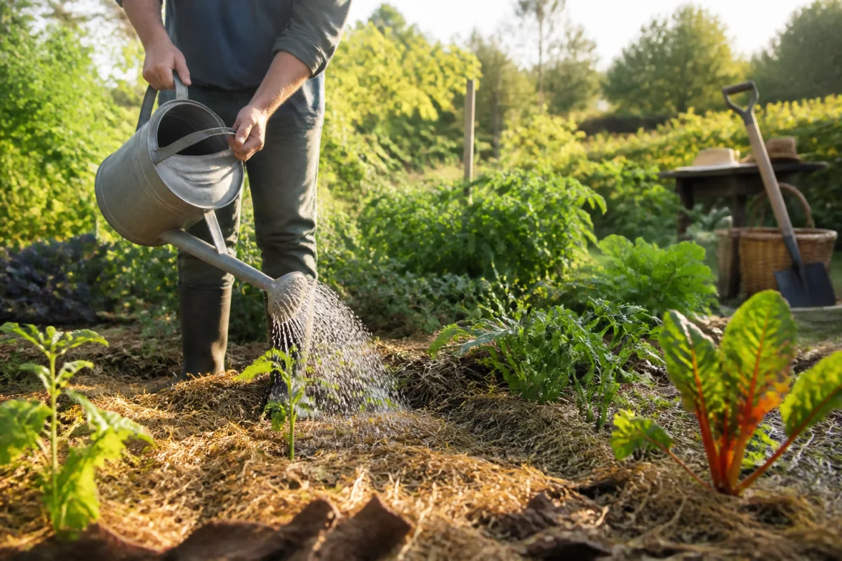 Jardinier arrosant au pied des légumes sans mouiller le feuillage pour prévenir les maladies au potager
