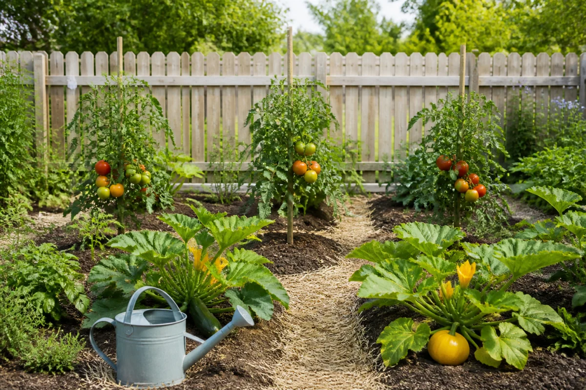 Potager organisé avec tomates, courgettes et potirons espacés pour prévenir les maladies au potager