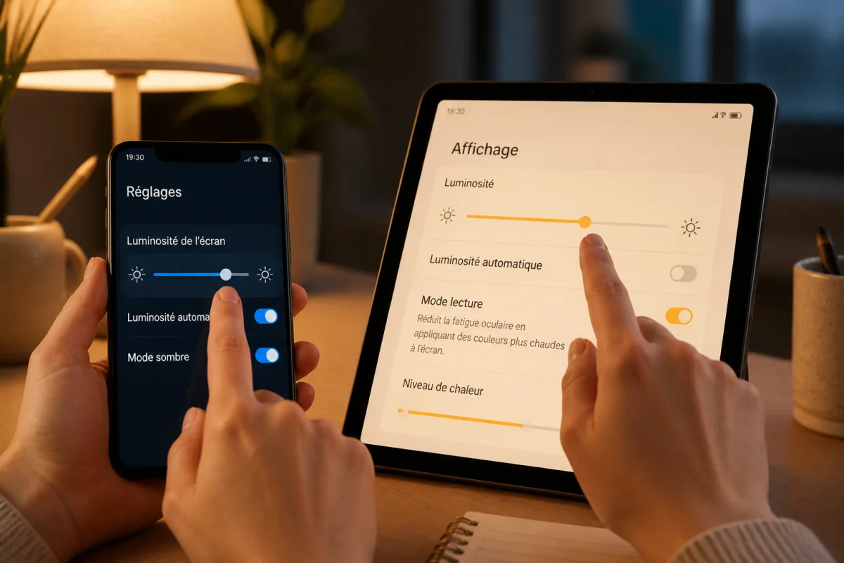 Personne réglant la luminosité de l’écran d’un smartphone et d’une tablette dans une ambiance douce et apaisante
