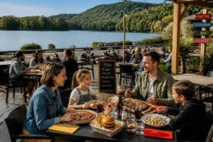 Restaurant convivial au bord d’un lac près de Karting Montrevel en Bresse, familles attablées sur une terrasse verdoyante