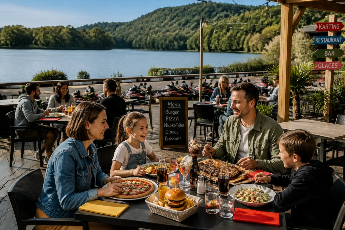 Restaurant convivial au bord d’un lac près de Karting Montrevel en Bresse, familles attablées sur une terrasse verdoyante