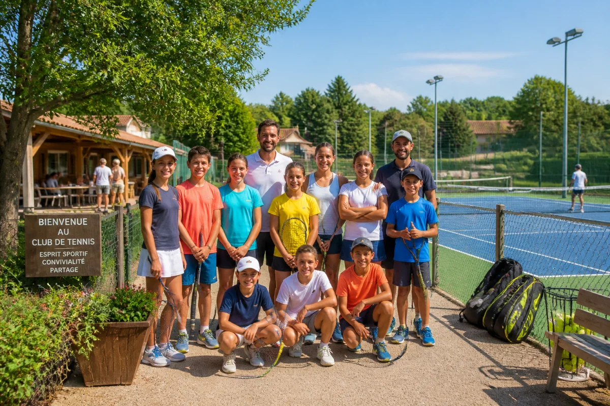 Tennis Charly : joueurs de tous âges réunis avec leur entraîneur devant les courts du club associatif