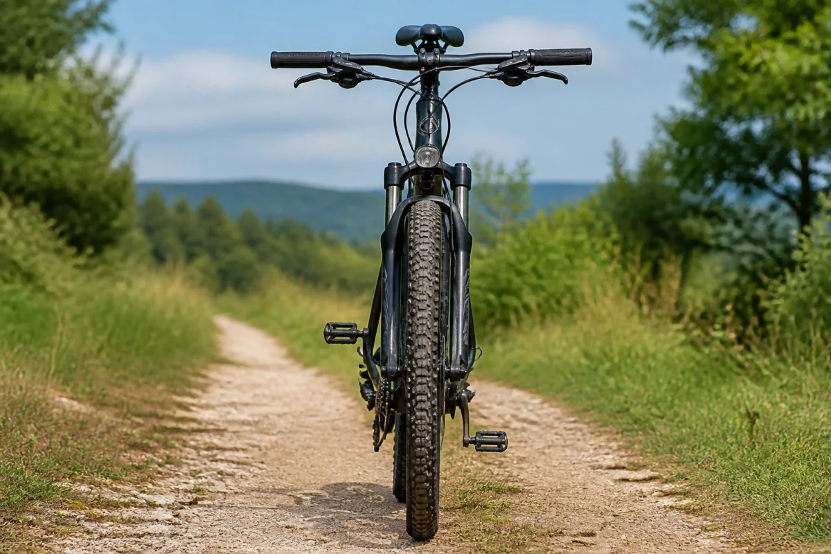 Vélo de randonnée pour débuter, vu de face sur un chemin naturel, avec pneus larges à crampons modérés et jantes robustes