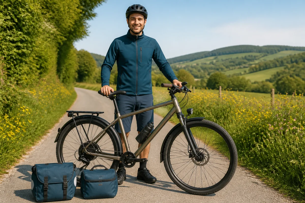 Cycliste débutant souriant présentant un vélo de randonnée pour débuter, équipé de pneus larges, porte-bagages et sacoches.