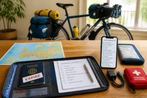 Voyageur à vélo préparant son dossier avec passeport expiré, documents administratifs et checklist de voyage en Europe