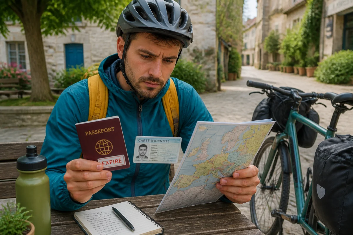 Cycliste examinant un passeport expiré, une carte d’identité et un itinéraire européen avant un voyage à vélo